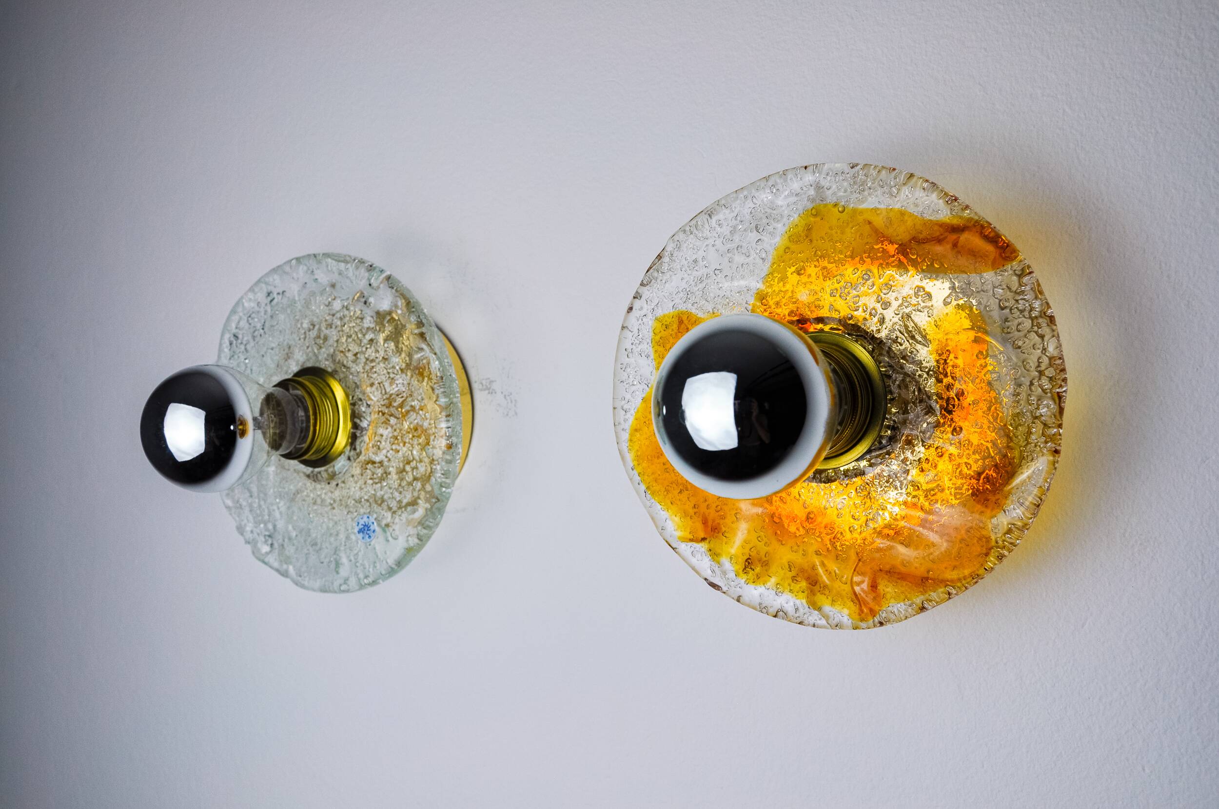 Pair of round wall lights by Murano Mazzega in frosted glass, Italy, 1970