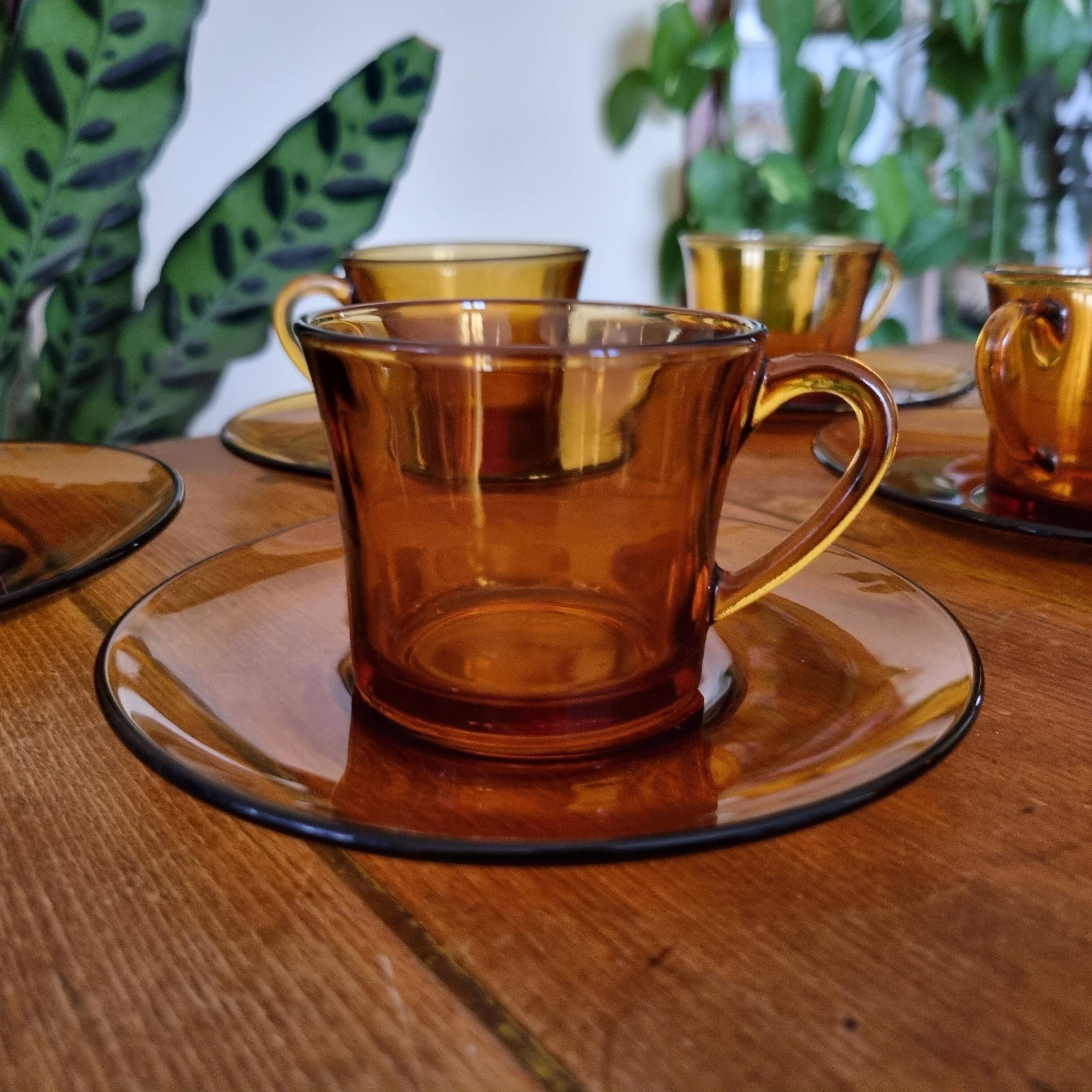 Set of 6 cups & saucers vintage Duralex amber glass signed