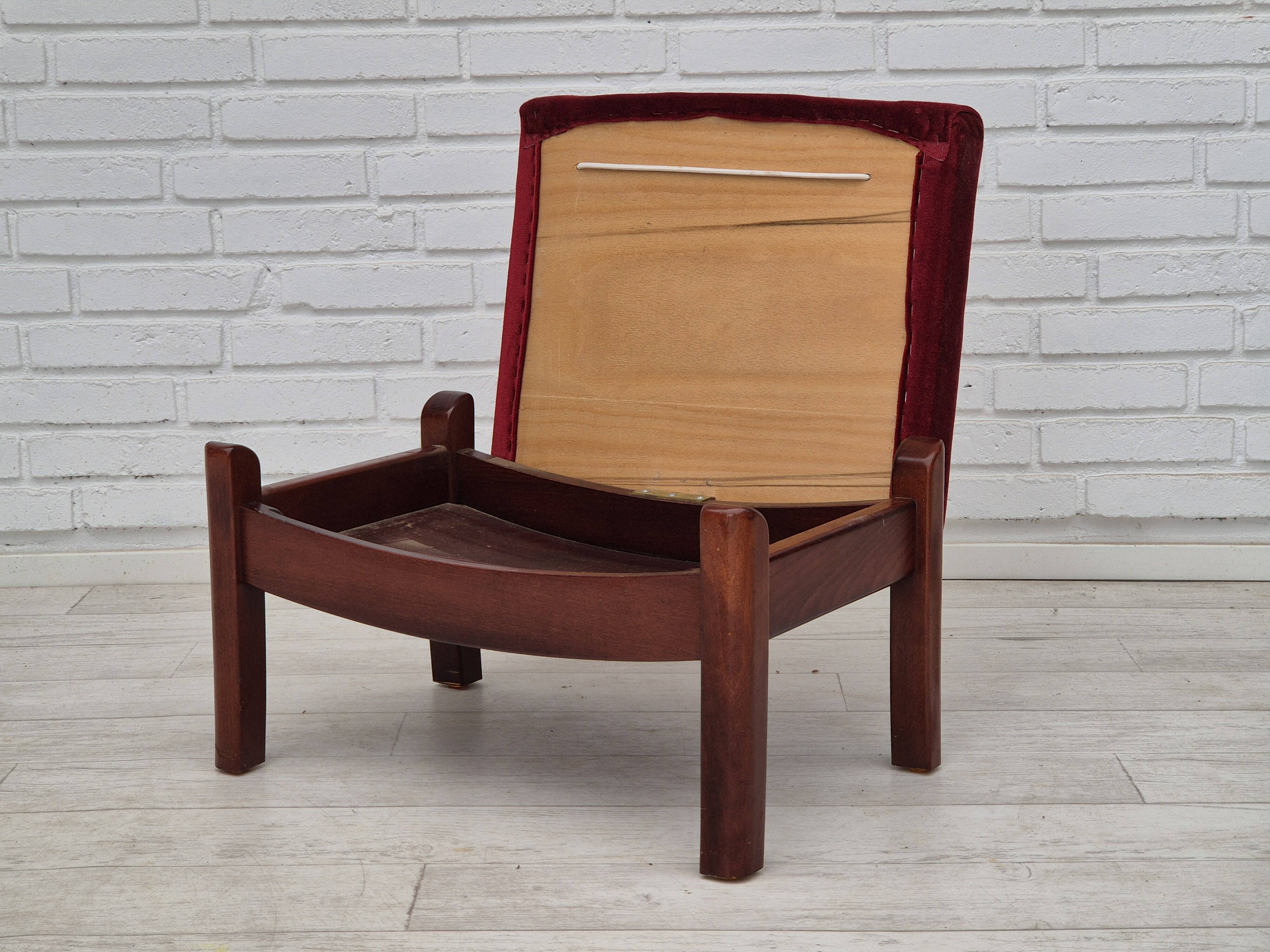 1950s, Danish armchair with footstool, furniture velour, ash wood.