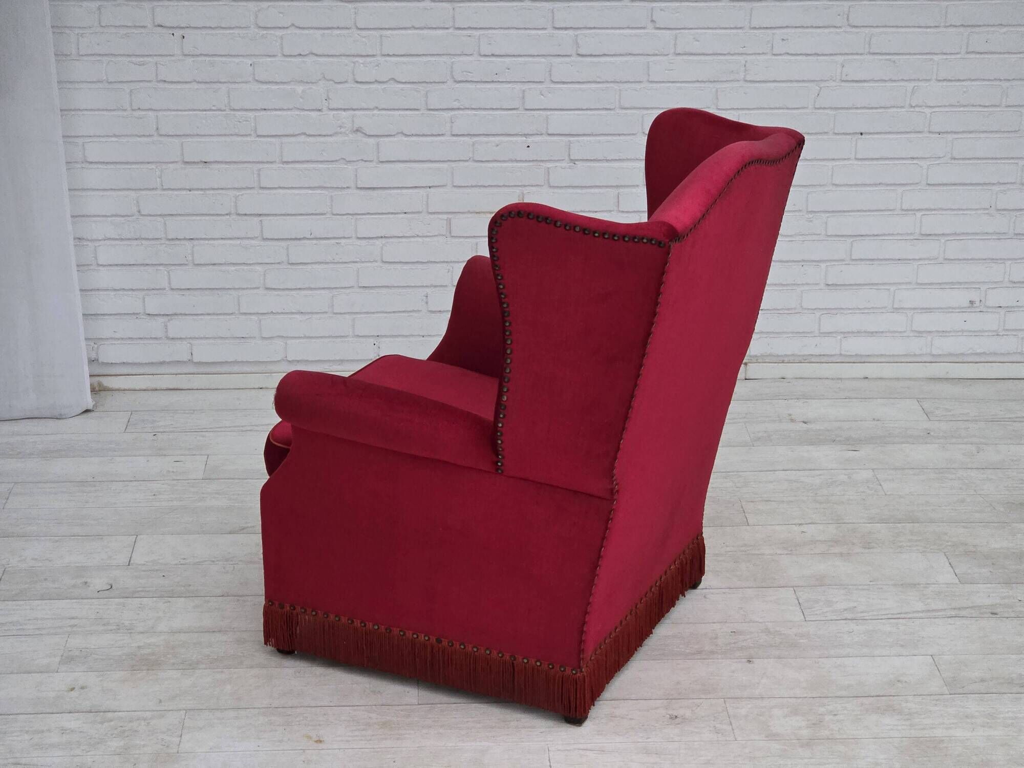 1970s, Danish highback armchair, furniture velour, ash wood legs.