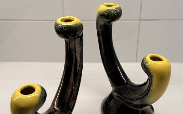 Paire de bougeoirs Vallauris Ceramidi design 1950 ceramique noir et jaune