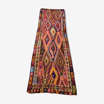 Tapis vintage turc kilim 485x151 cm laine kelim tapis grand rouge, noir, rose, coloré