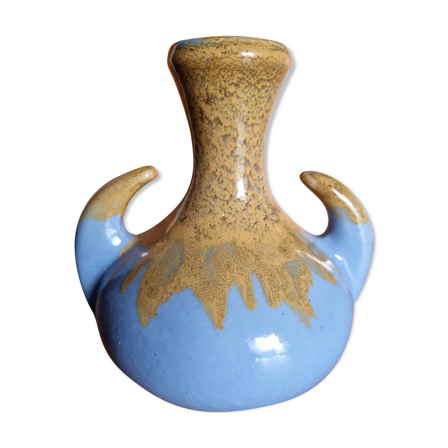 Vintage Alpho vase with beige flame blue ceramic handles