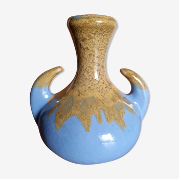 Vase vintage Alpho avec anses céramique bleue flammée beige