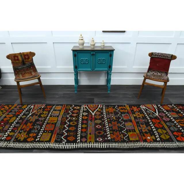 1970s Vintage Turkish Oushak Handmade Wool Cotton Brown Runner Rug 95x367