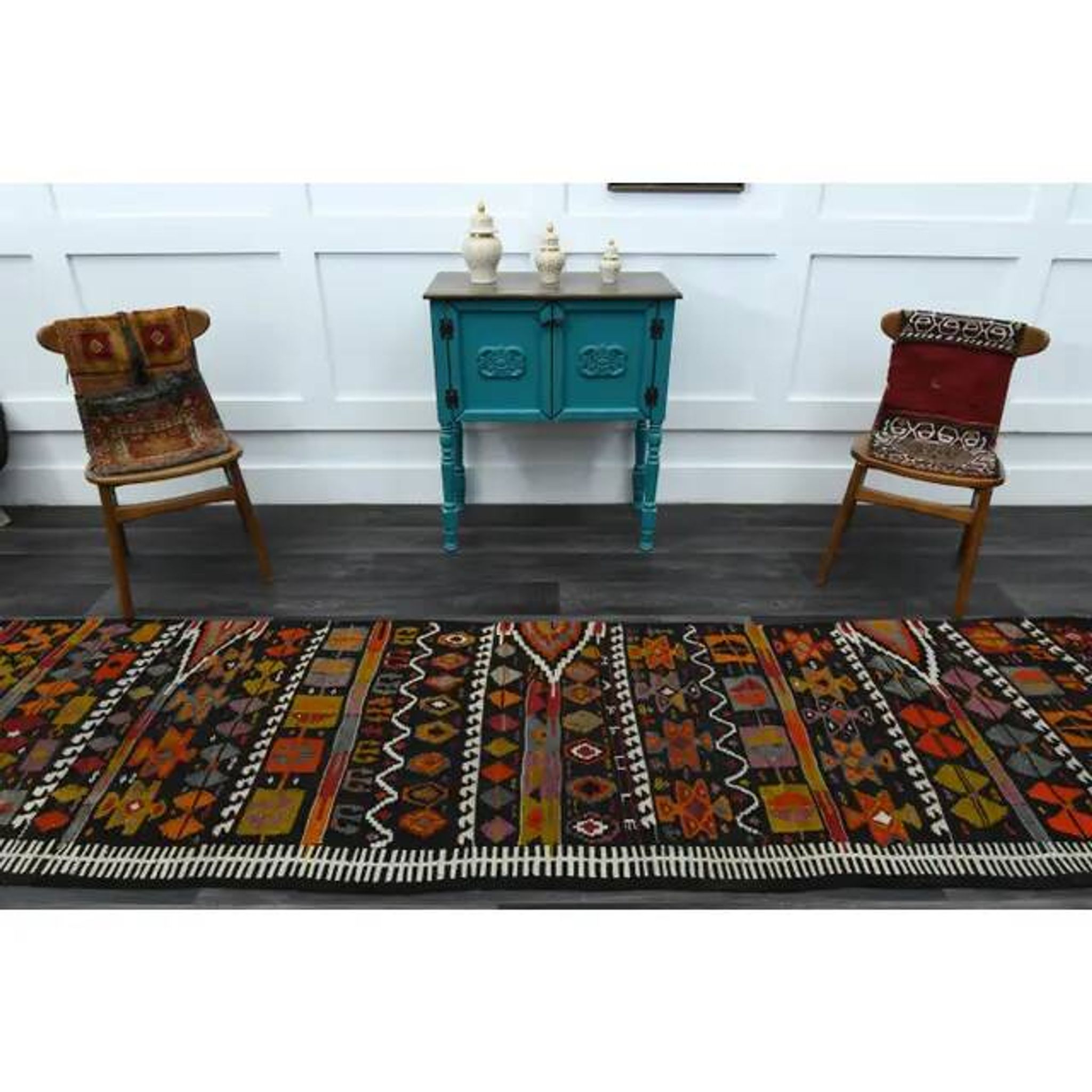1970s Vintage Turkish Oushak Handmade Wool Cotton Brown Runner Rug 95x367