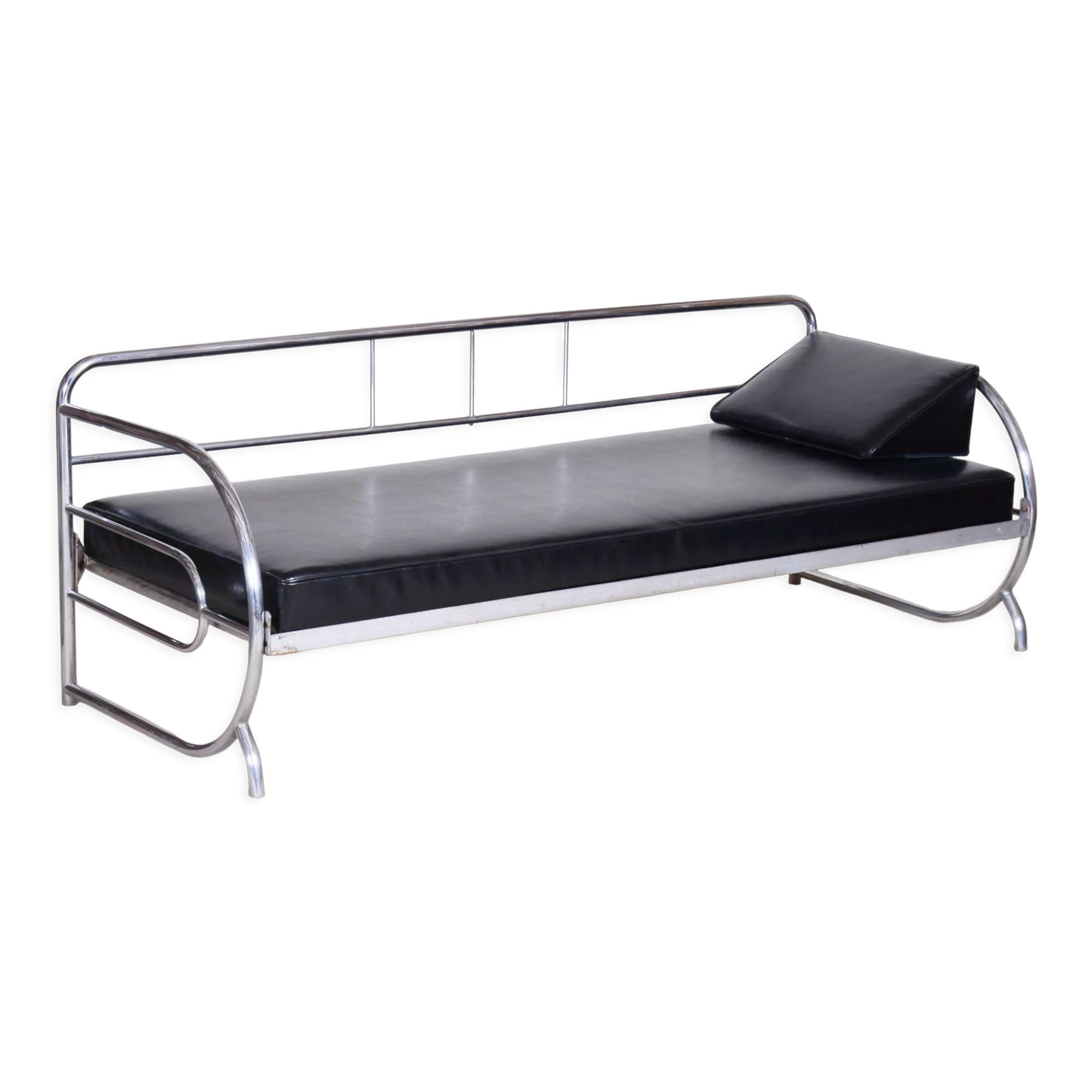 Restored Black Bauhaus Sofa, Designer Robert Slezak, High-Quality Leather, 1930s
