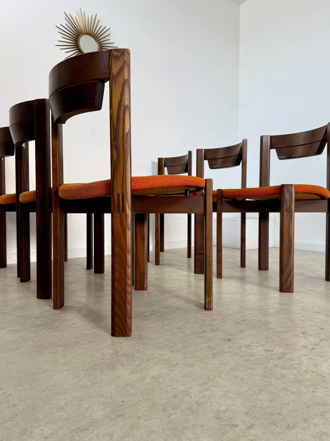 Set of 6 Girsberger Scandinavian style chairs from the 70s, vintage, solid wood, original fabric