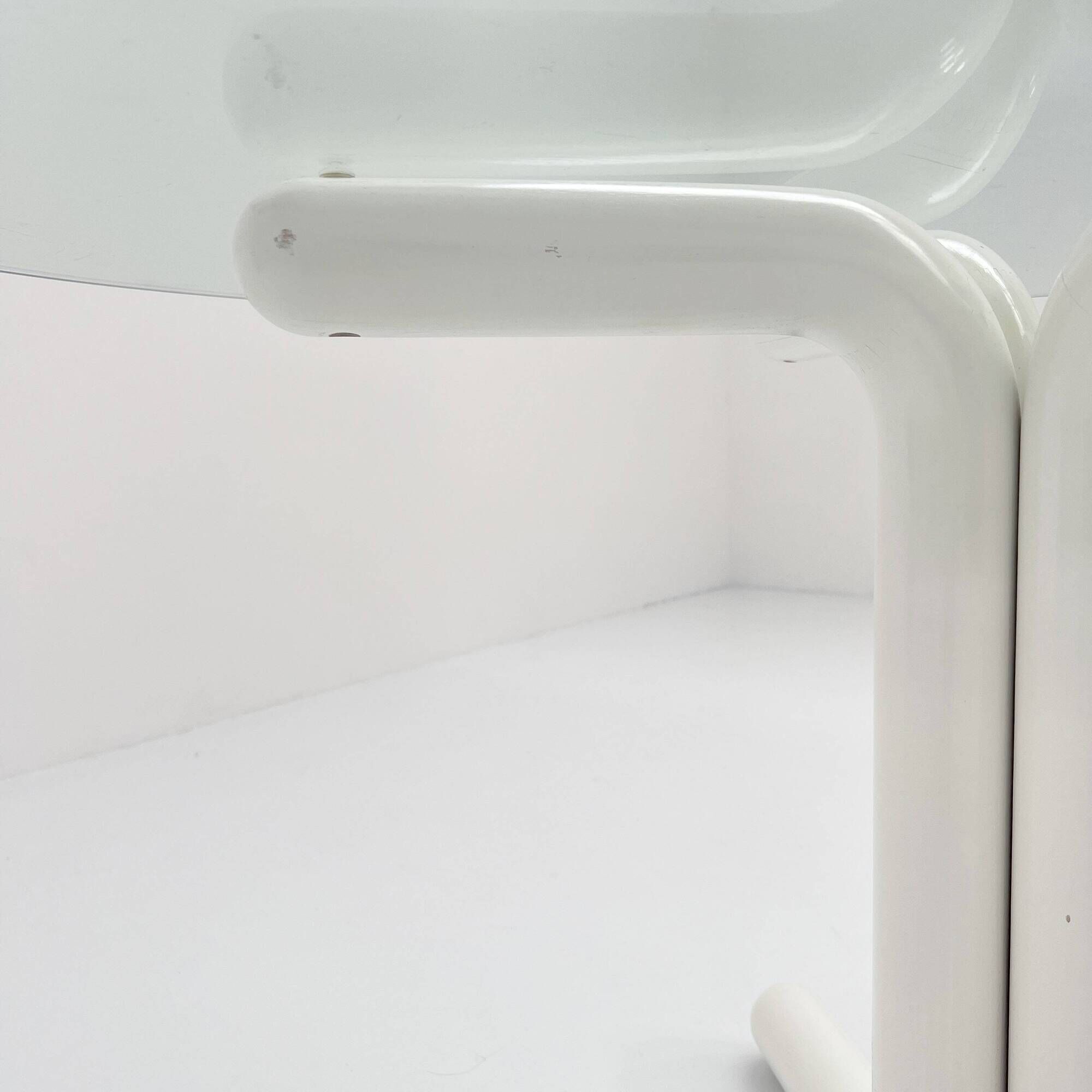 135 cm dining table with thick rounded white wooden legs and glass top, 1980
