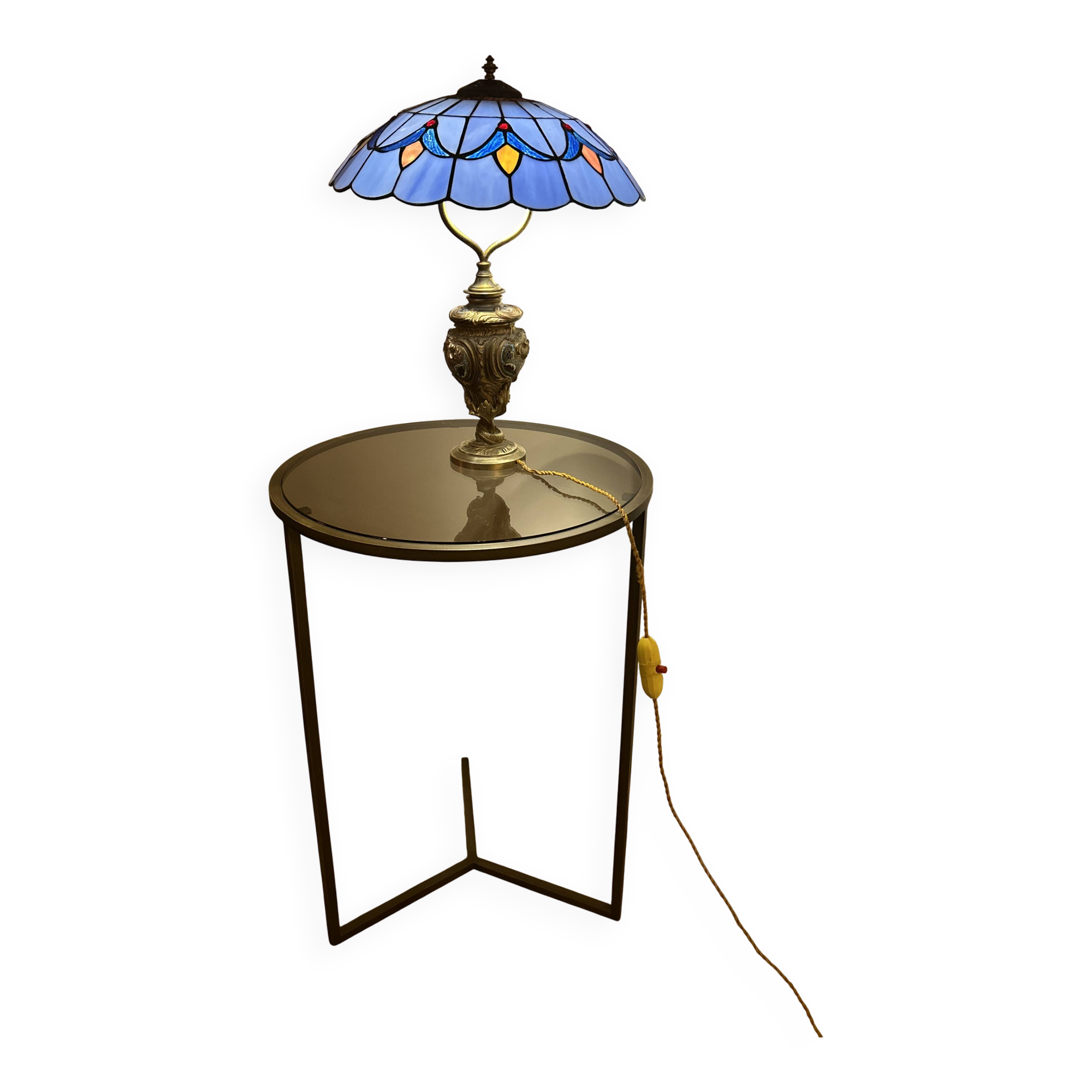 bronze lamp from 1900, solid, inlaid with enamels and glass shade