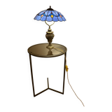 bronze lamp from 1900, solid, inlaid with enamels and glass shade