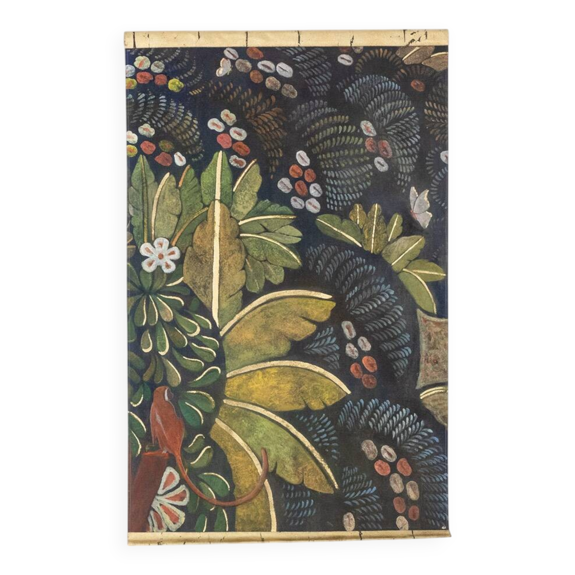 Painted canvas depicting a marmoset on a floral background. Contemporary.