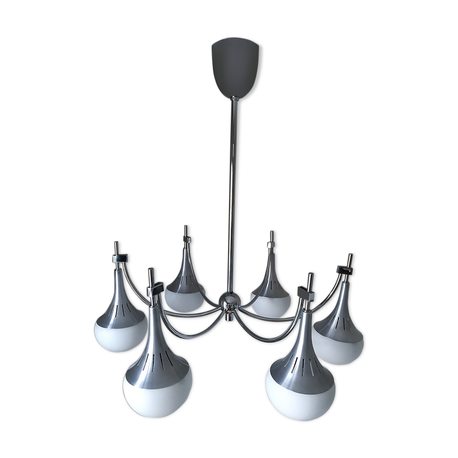 Chandelier 6 lights chrome aluminum and opaline satin Maison Sciolari 1960