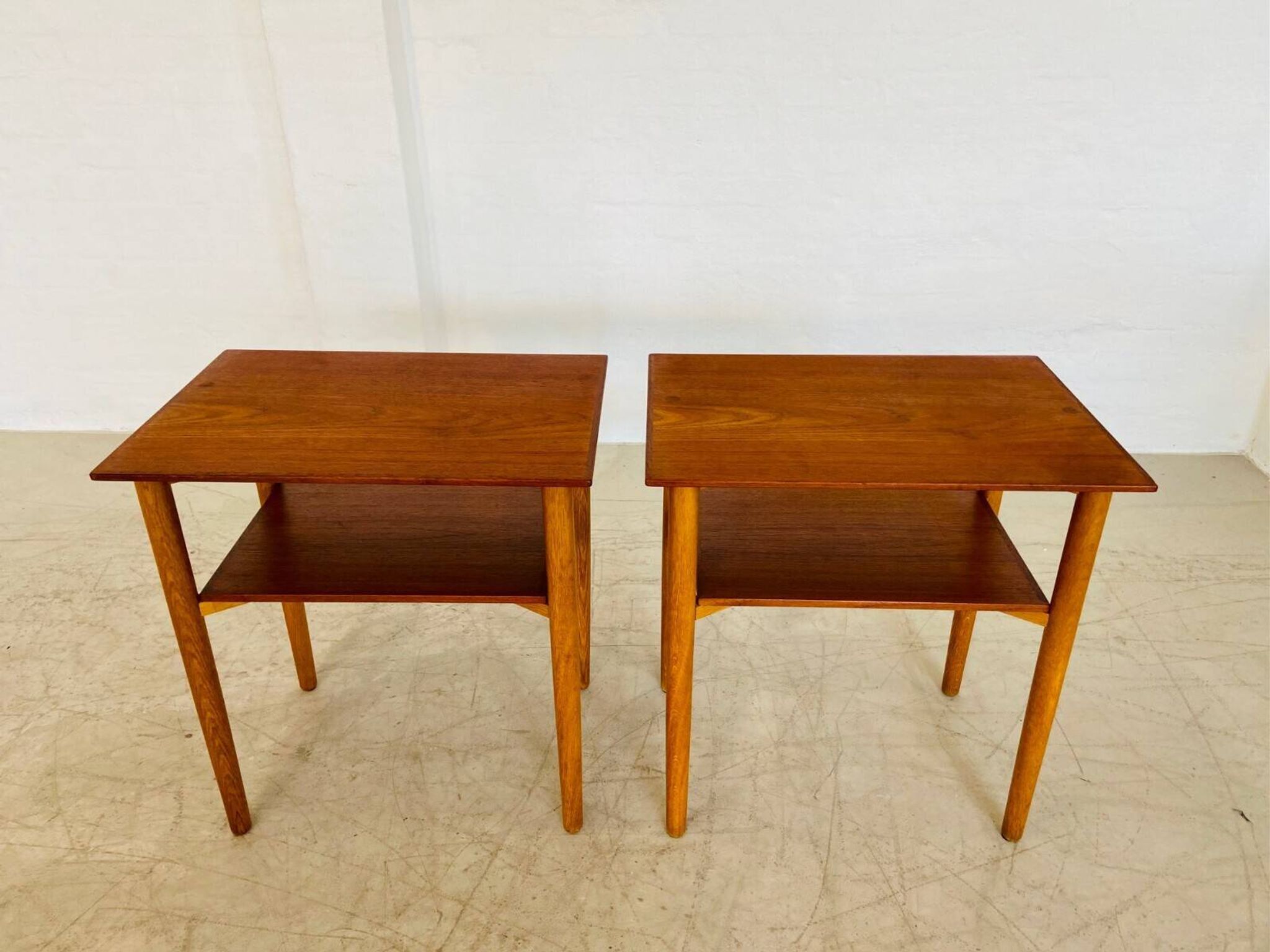 Vintage Danish mid-century teak and oak bedside tables by Næstved Møbelfabrik