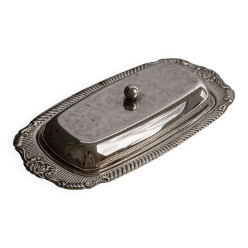 Beurrier vintage des années 1970 en métal argenté, décor ornemental gravé, décoration de table rétro, style intemporel, idée cadeau élégante