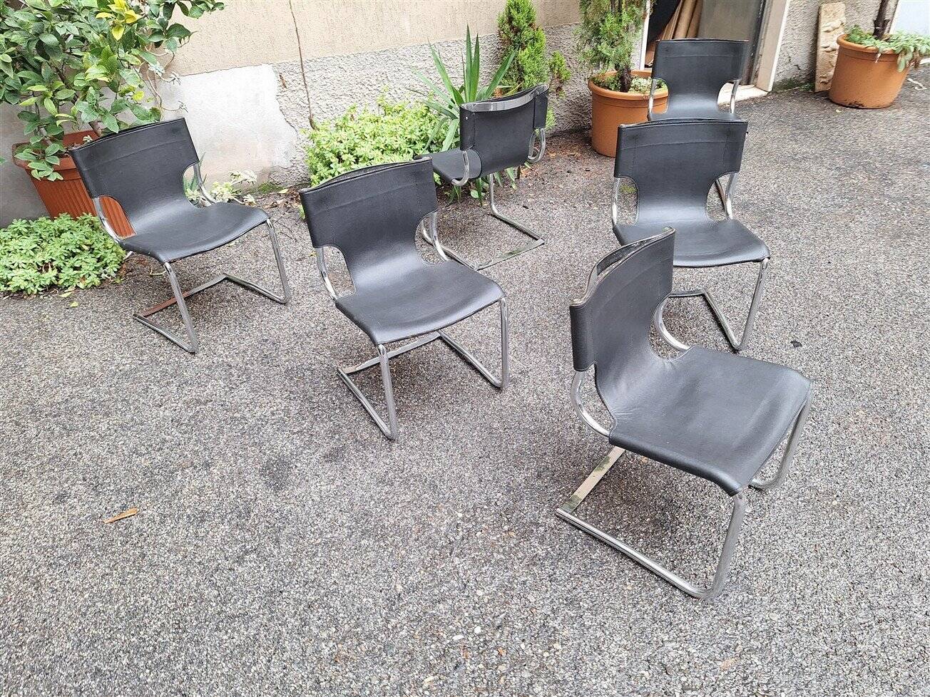 Model 920 Chairs in Chrome and Black Leather by Carlo Bartoli for T70, 1970s, Set of 6