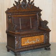 Banc Monks Antique Sculpté Lion Griffon 1860 avec Rangement