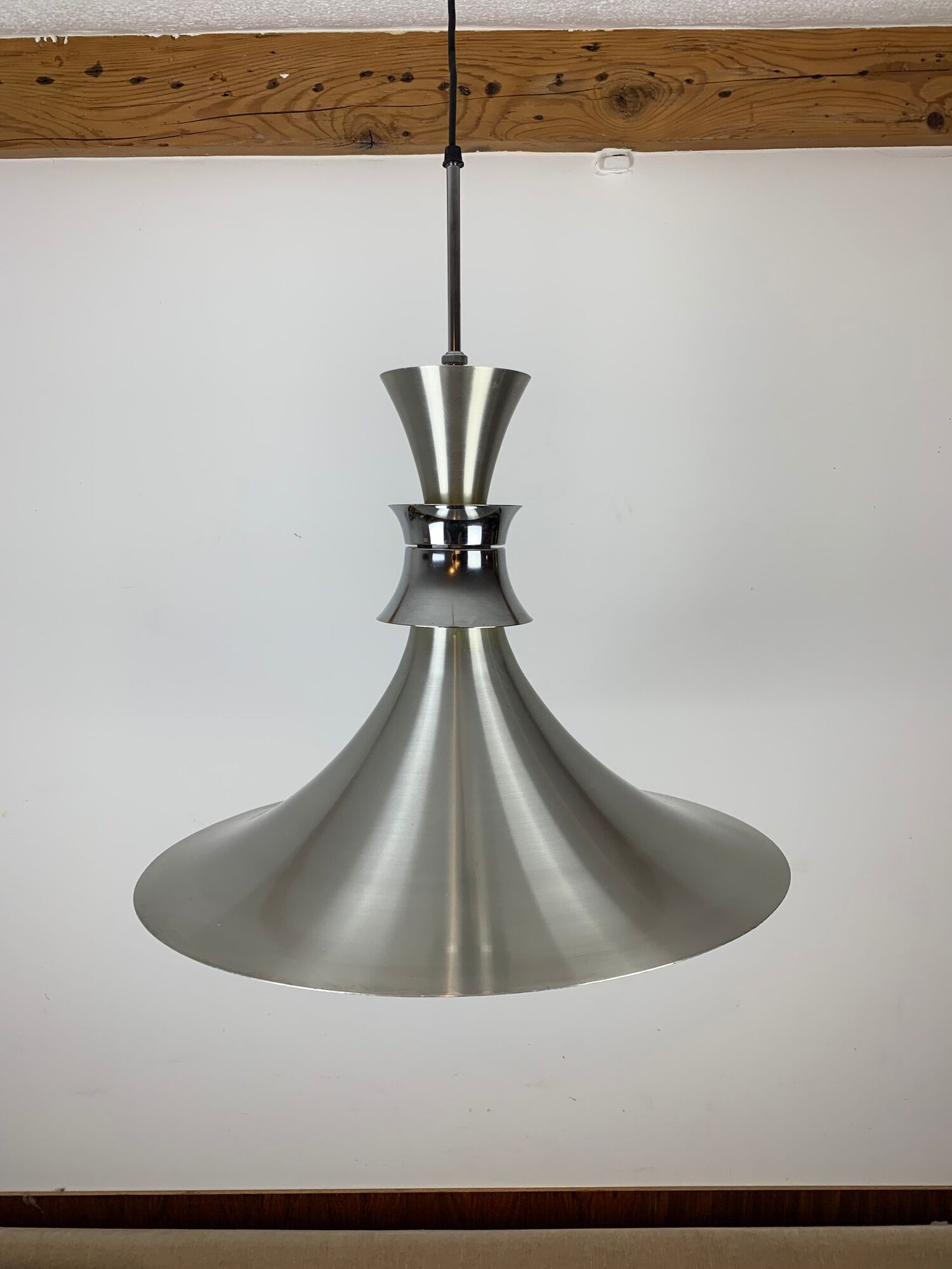 Scandinavian space age pendant lamp by Bent Nordsted for Lyskaer brushed steel 70s