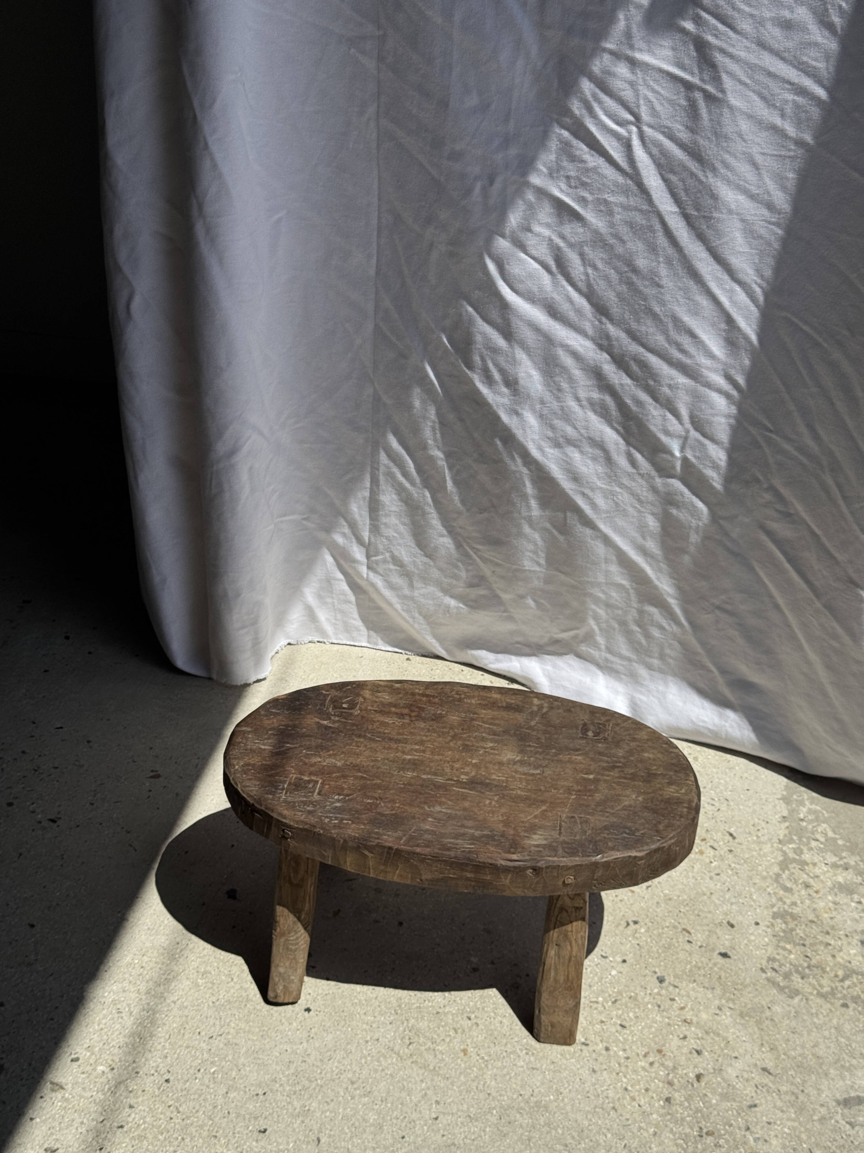 Small stool or small oval side table in solid teak wabi-sabi H24 53