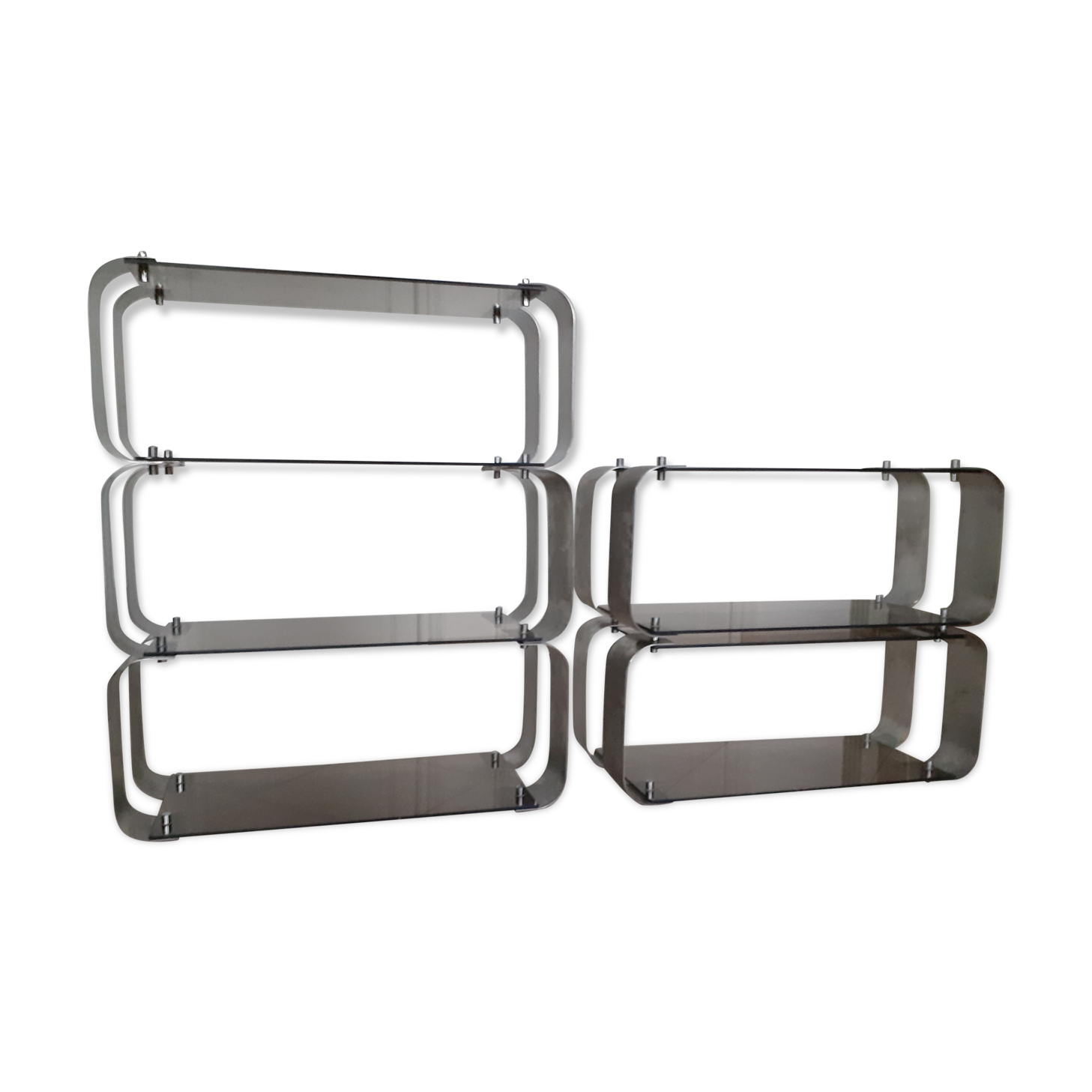 Modular wall shelves design 70s in smoked glass and brushed steel