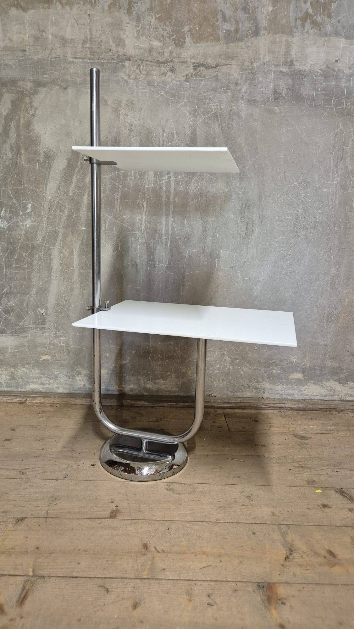 Vintage chrome flower stand with two white shelves, 1970s, Czechoslovakia, 35 × 54 × 100 cm