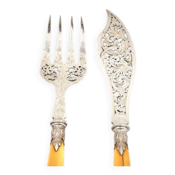 Silver fish service set, Minerva mark, engraved, openwork, 2 pieces.