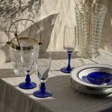 Set of 6 blue-footed champagne flutes; 3 pairs of designs.