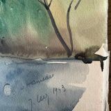 Large Watercolor Painting "Le Hameau" post-cubist landscape signed J. Ley 1943