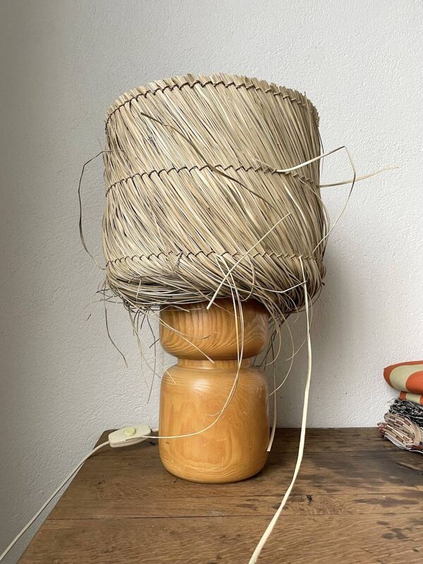 Lampe années 50 bois et paille
