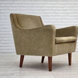 1970s, Danish armchair, original green furniture velour, teak wood legs.