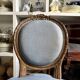 Medallion back chair in reclaimed wood and blue cotton.