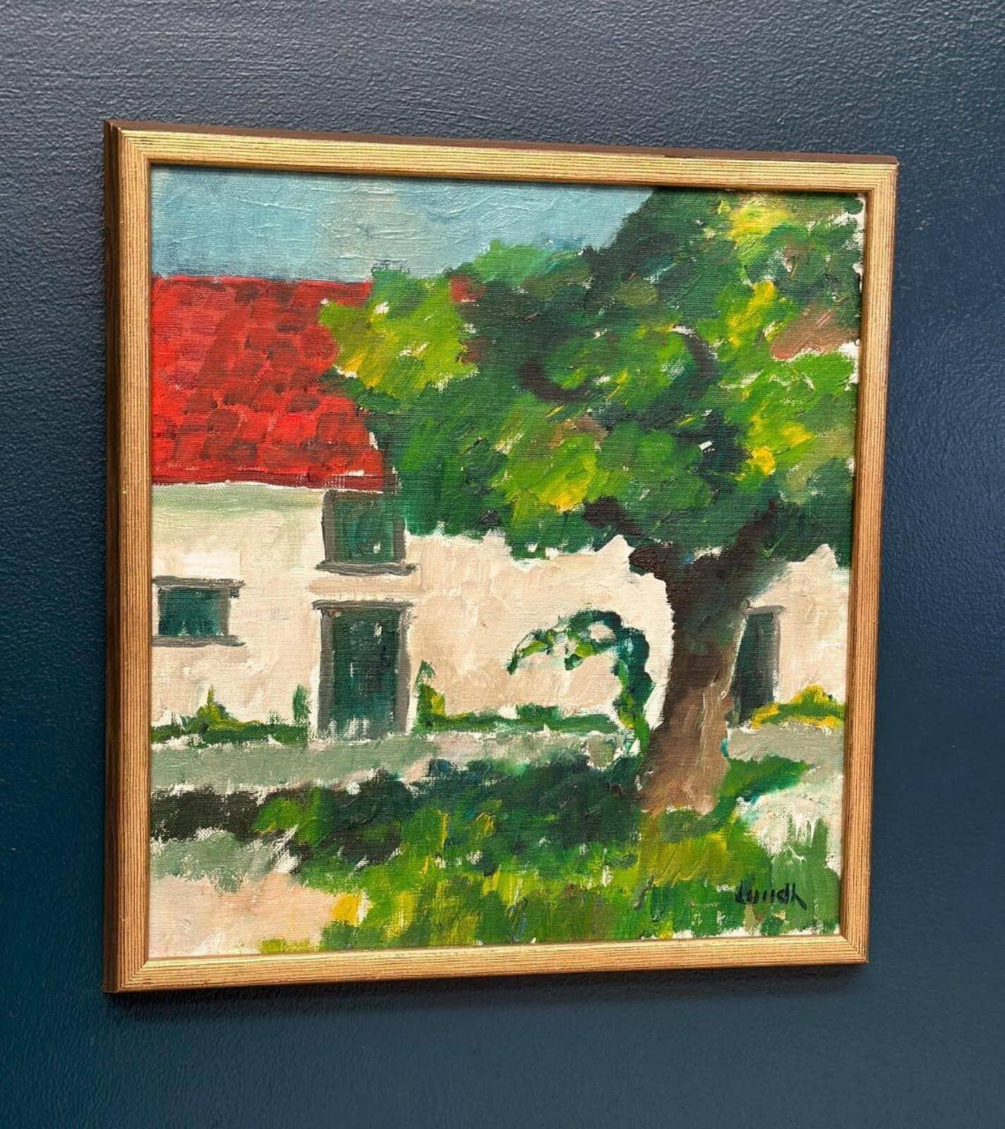 Huile sur toile suédoise « Arbre près de la maison » par Karl Bertil Lundh, milieu XXème
