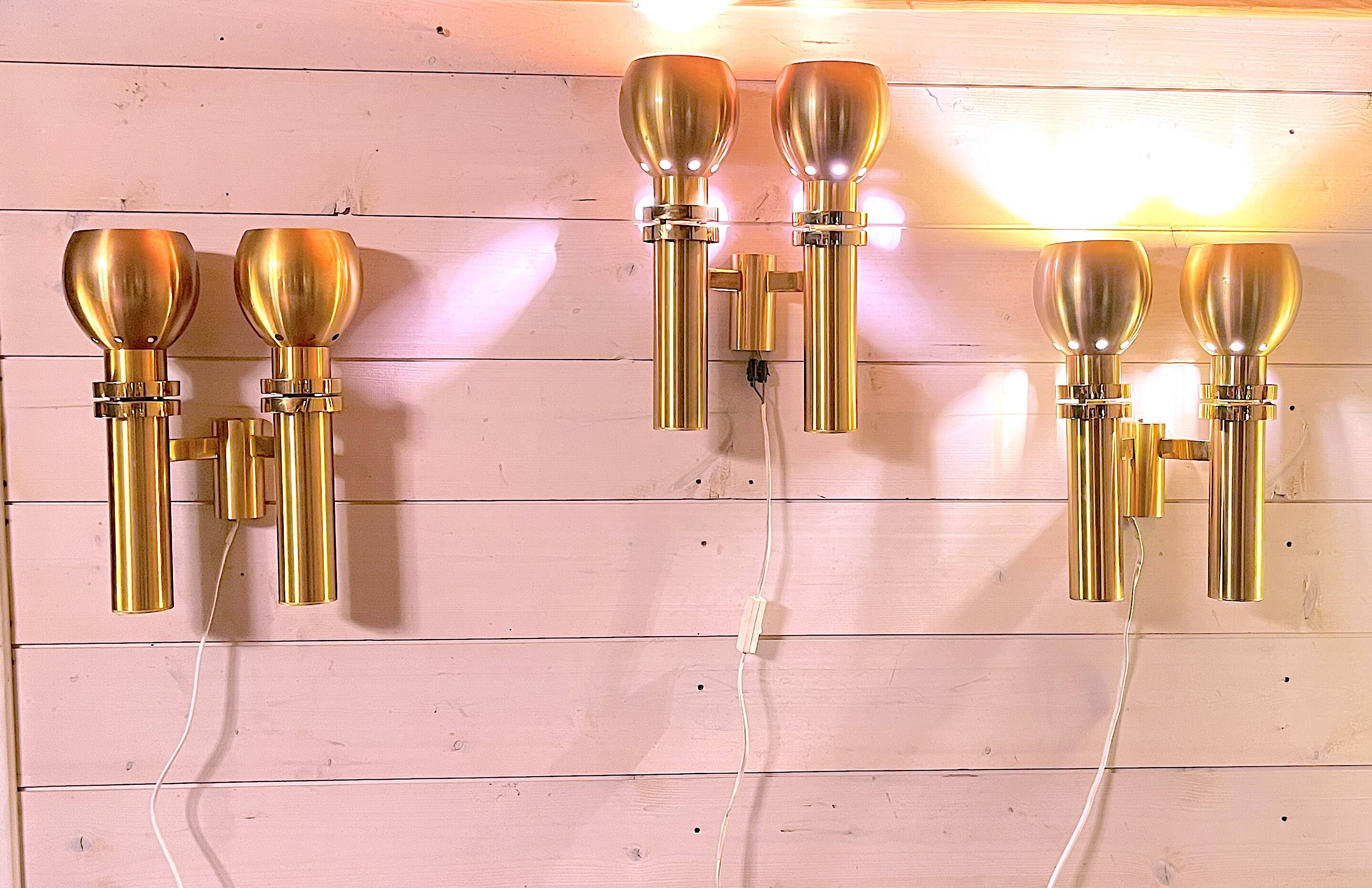 Three Large Scandinavian Brass Sconces, Mid Century