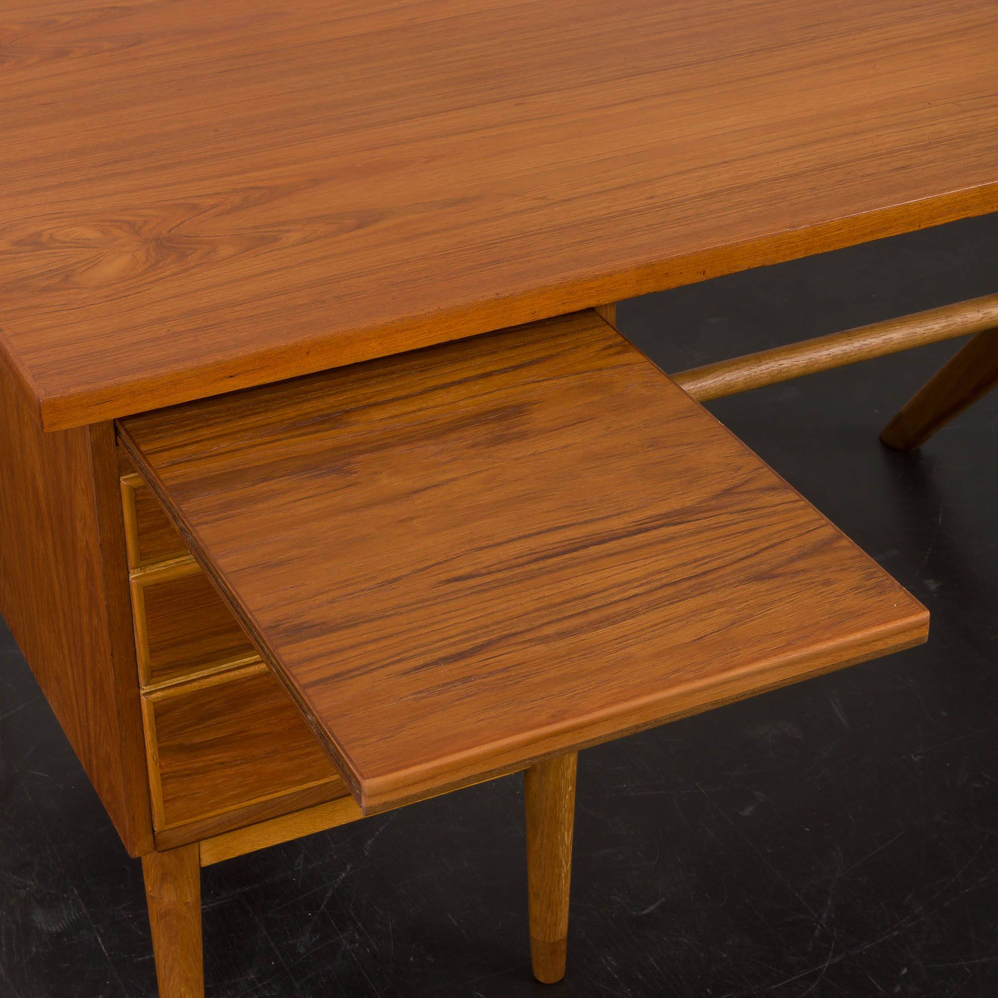 Teak and oak double-sided desk with X-shaped legs