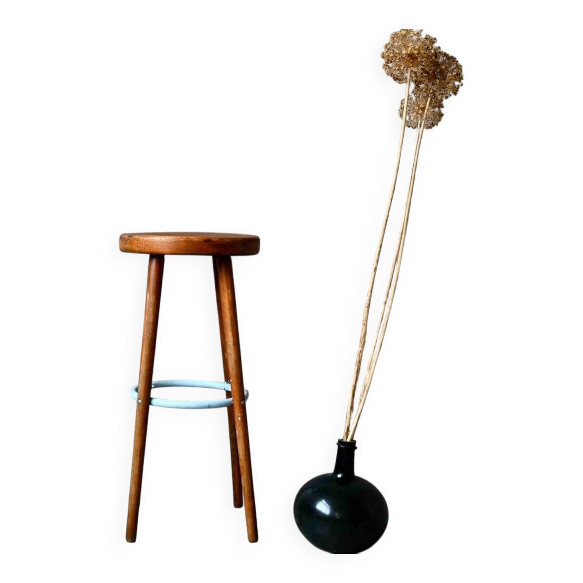 Vintage 60s bar stool in blue lacquered wood and metal.