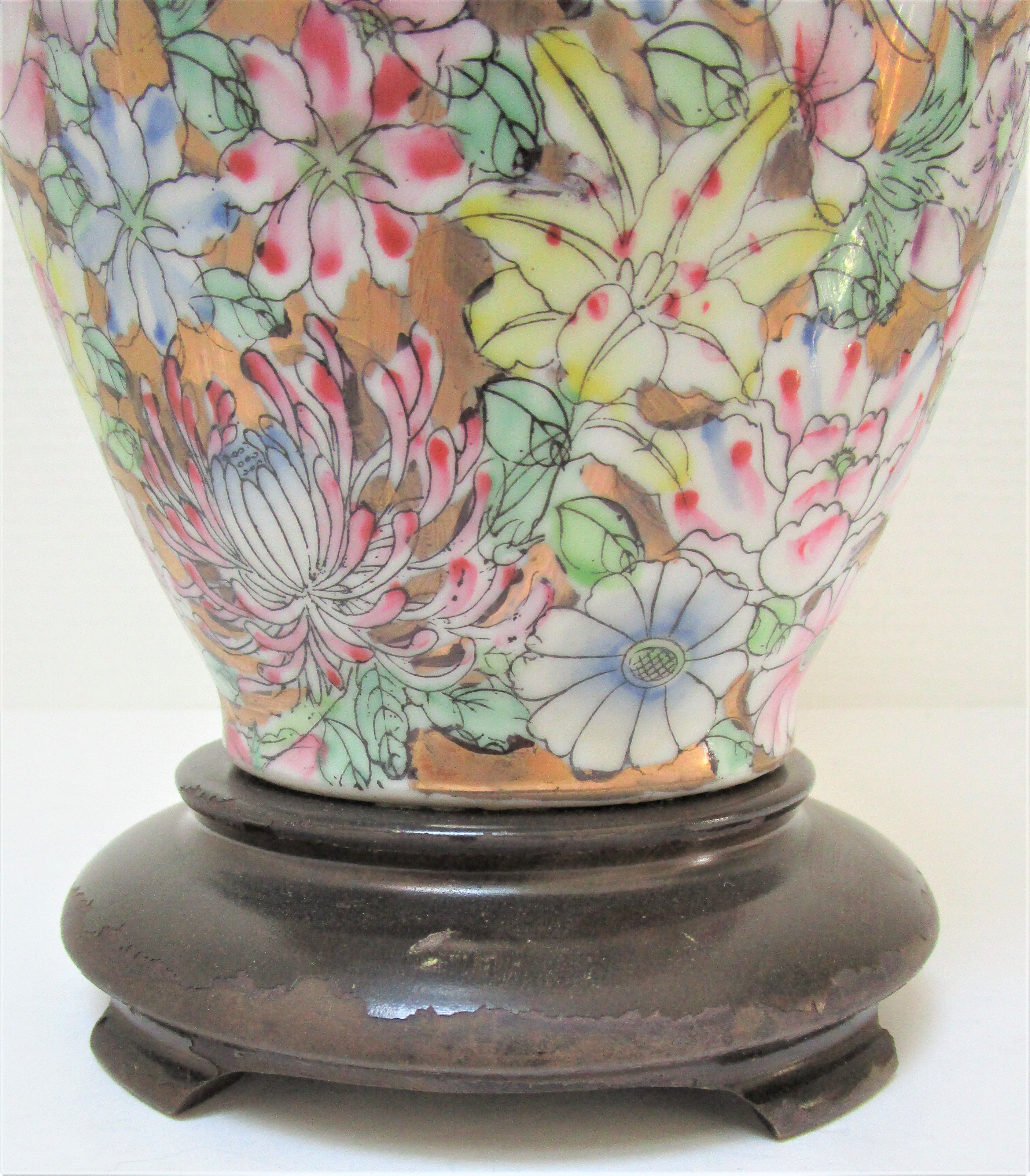 Chinese porcelain lamp foot with polychrome decoration of vintage flowers