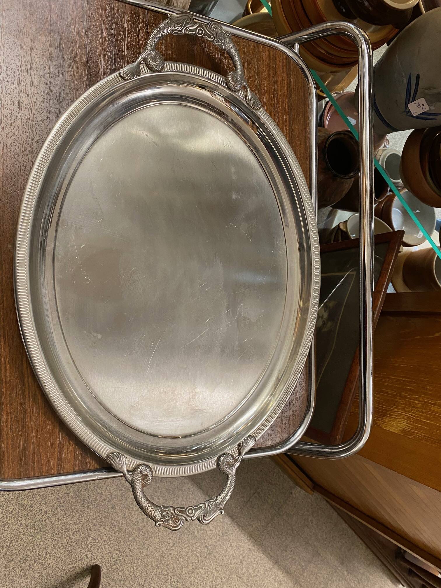 Large jean couzon stainless steel serving tray with fish decor handles