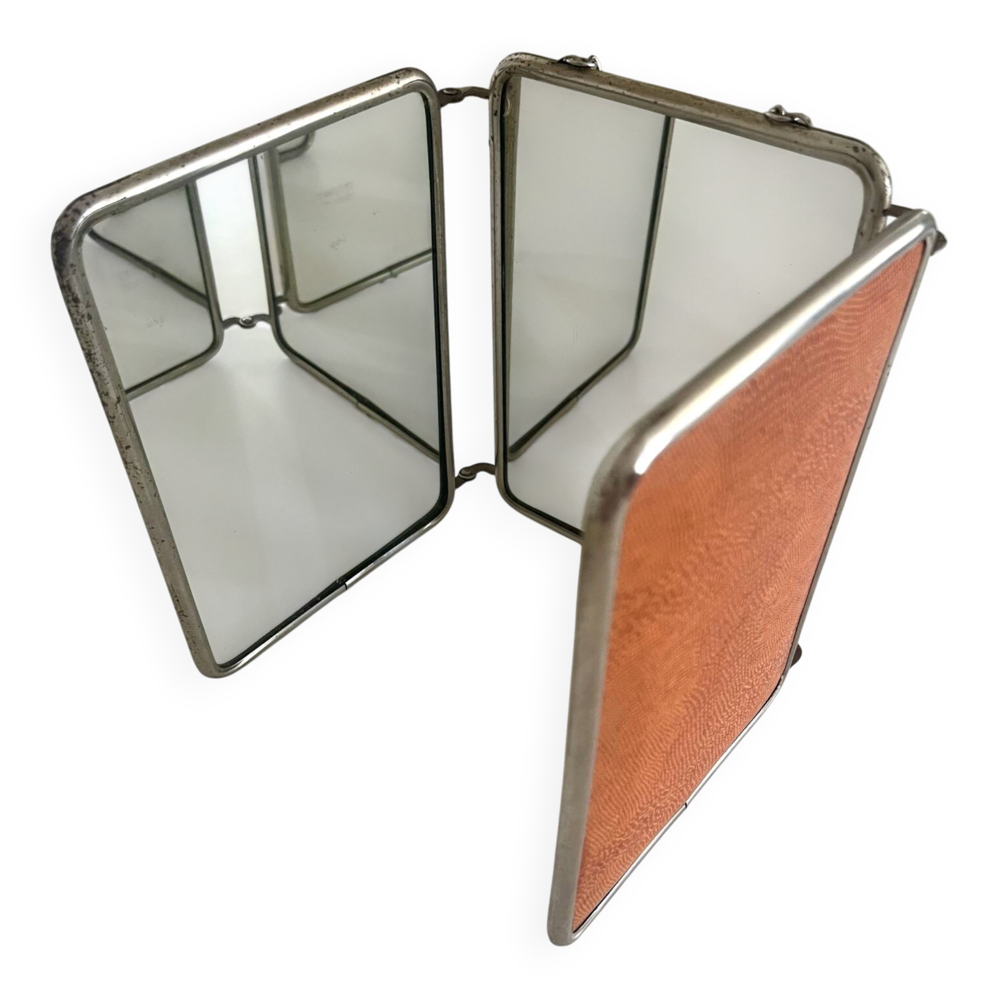 Antique Art Deco triptych barber mirror from the 1920s/30s – leather covering o