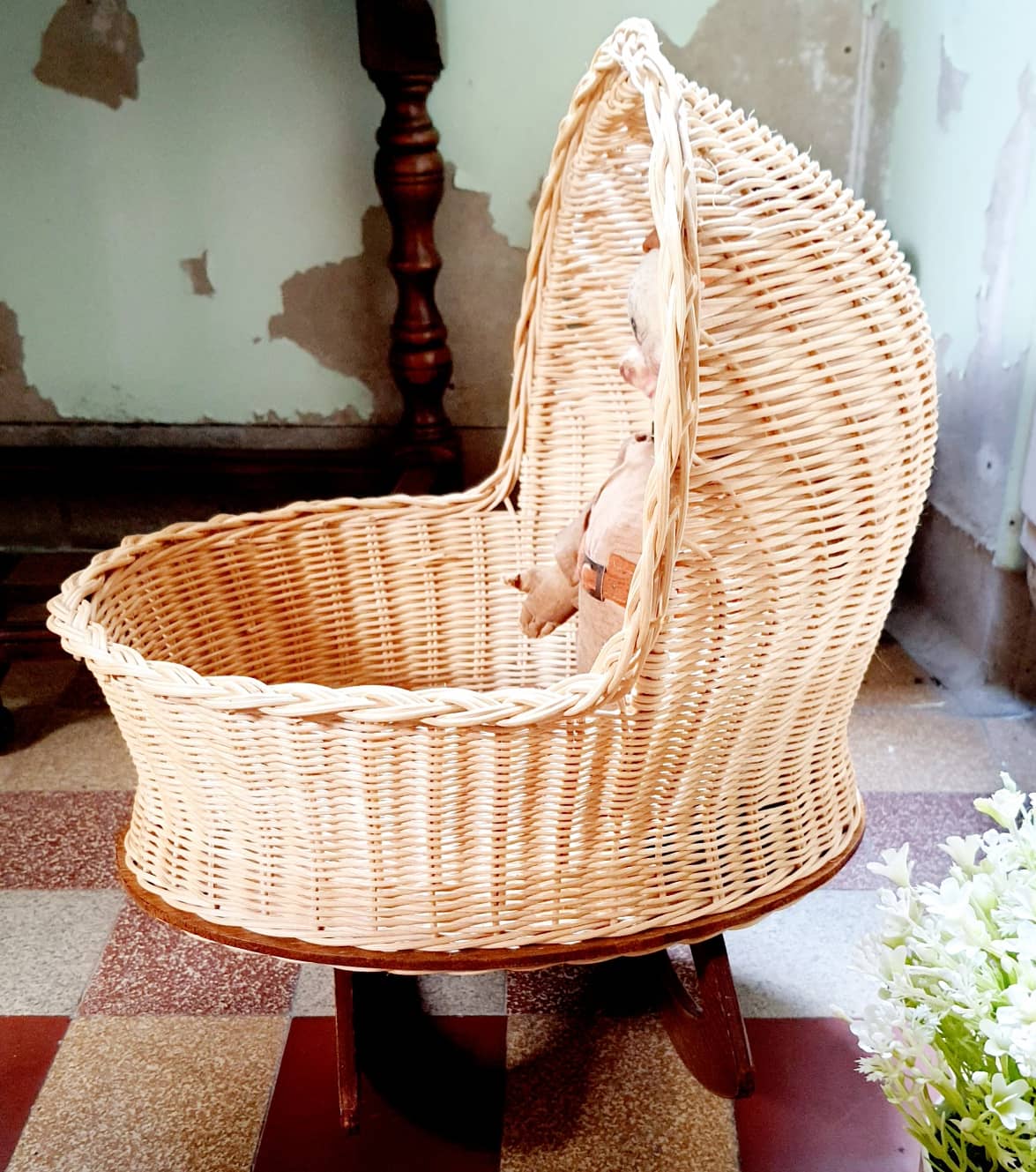 Cradle vintage wicker doll