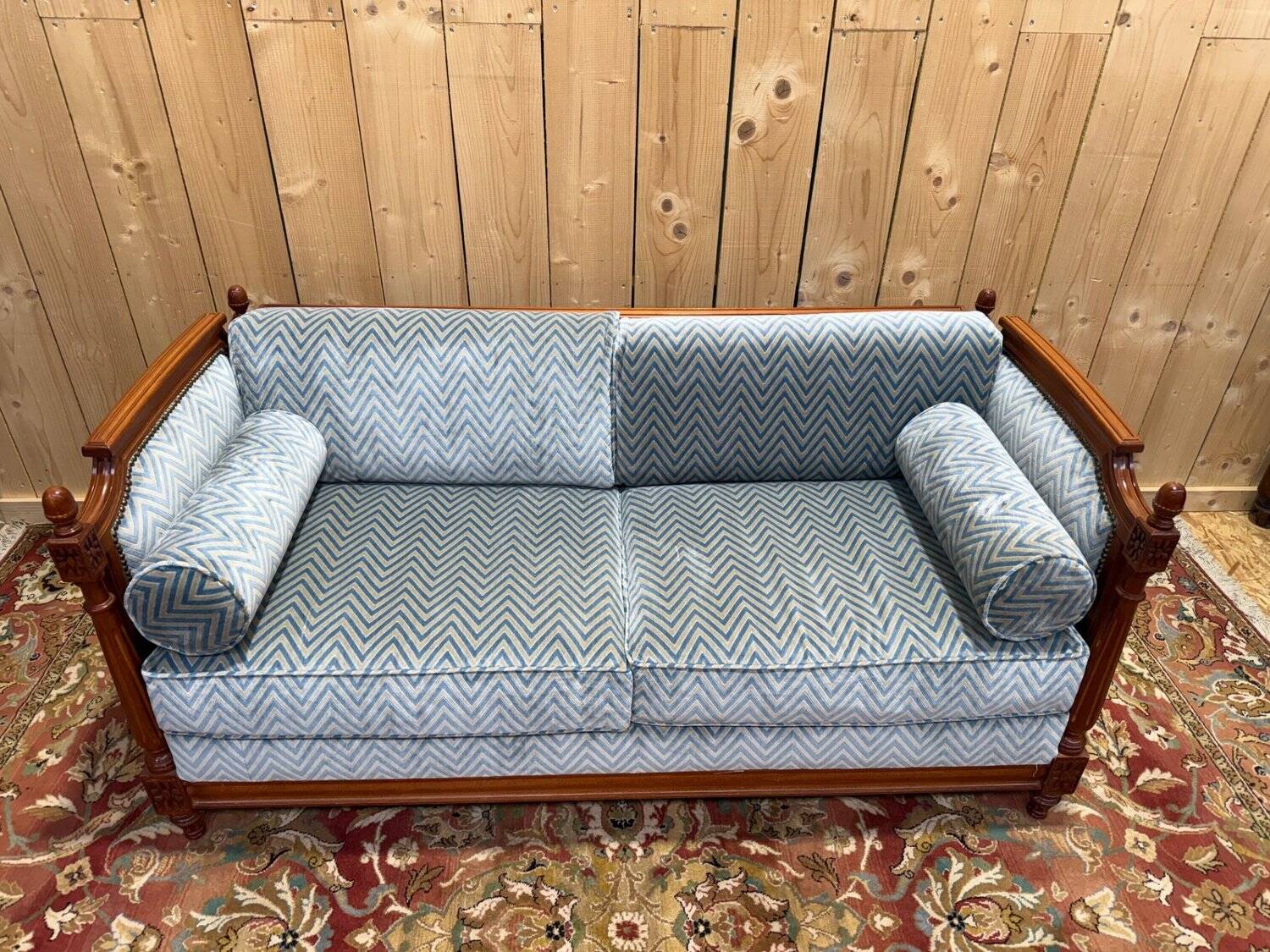 Louis XVI style sofa bed – Mahogany-stained beech & blue velvet