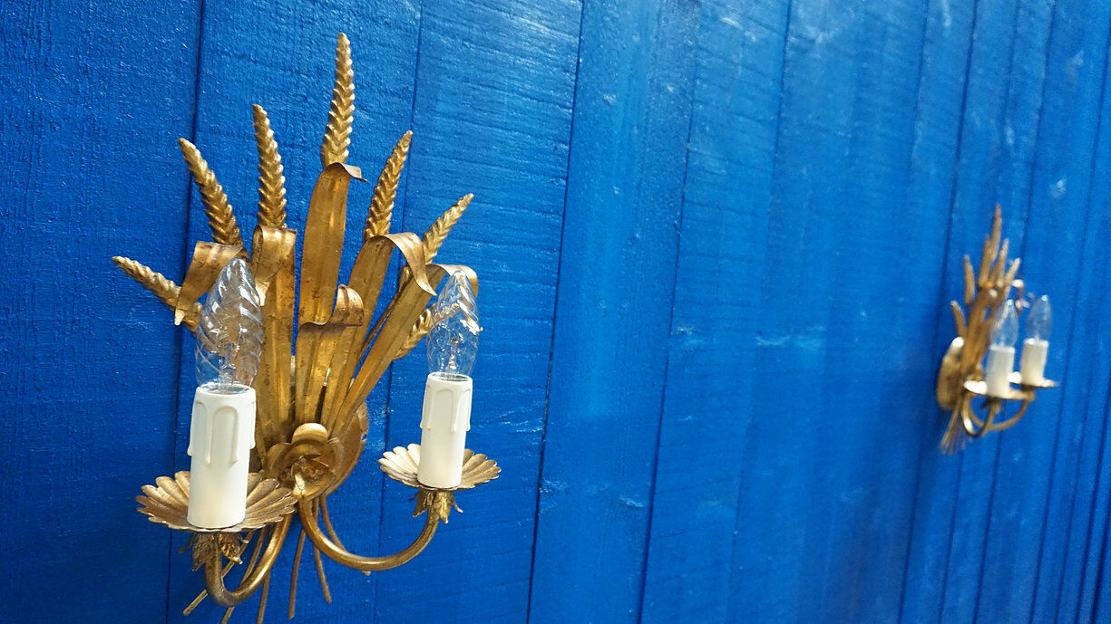 Italian 1960 Hollywood Regency Gilt Metal Sheaf of Wheat Wall Sconces, 1 of 7