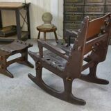 Armchair with ottoman by Angel Pazmino in wood and brown leather 1960's
