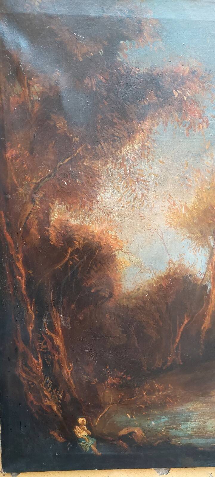Old oil painting on canvas landscape with ruins and figures 121x98 cm