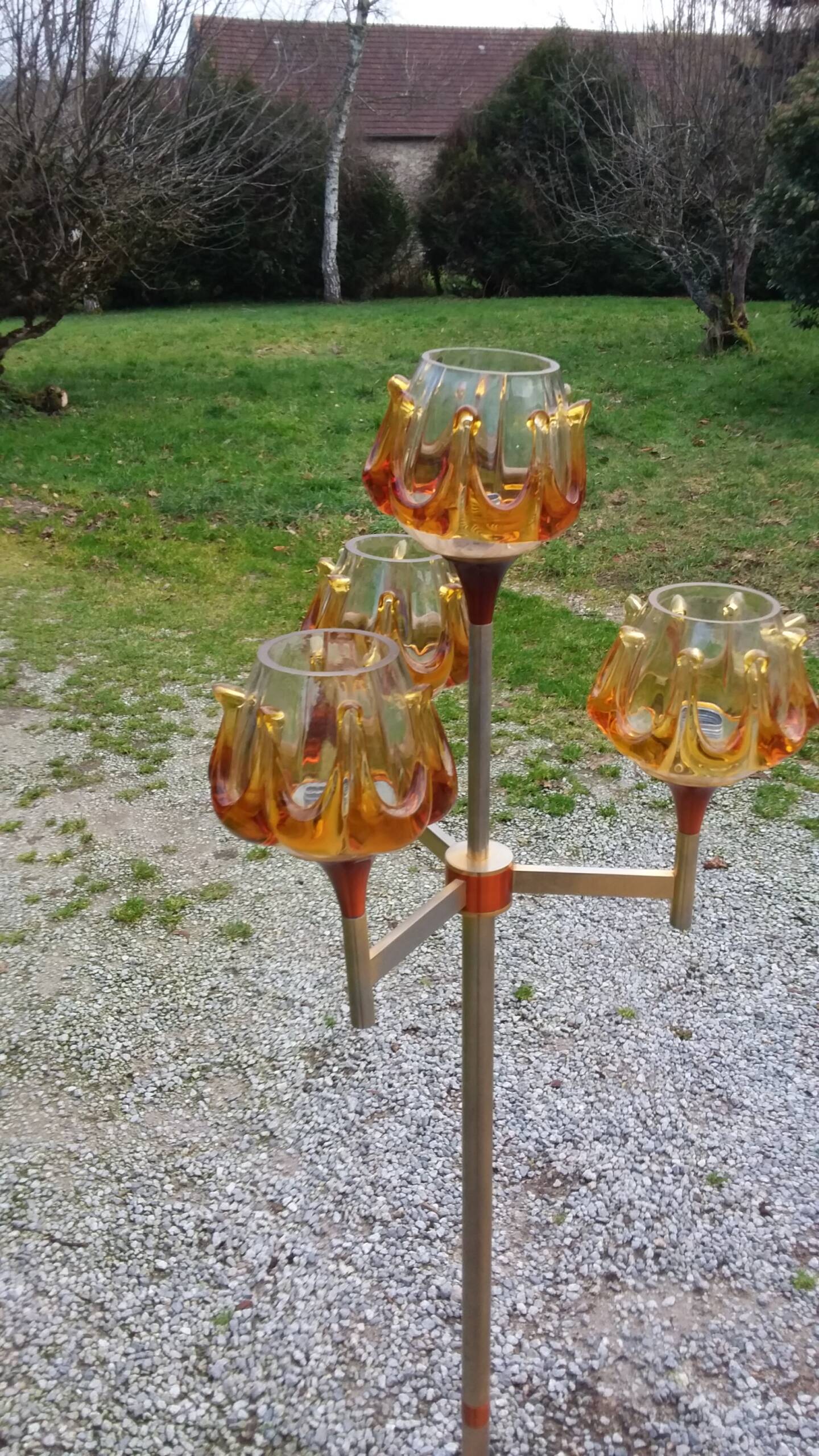 1970s design floor lamp in gold and orange chrome metal with 4 glass tulips