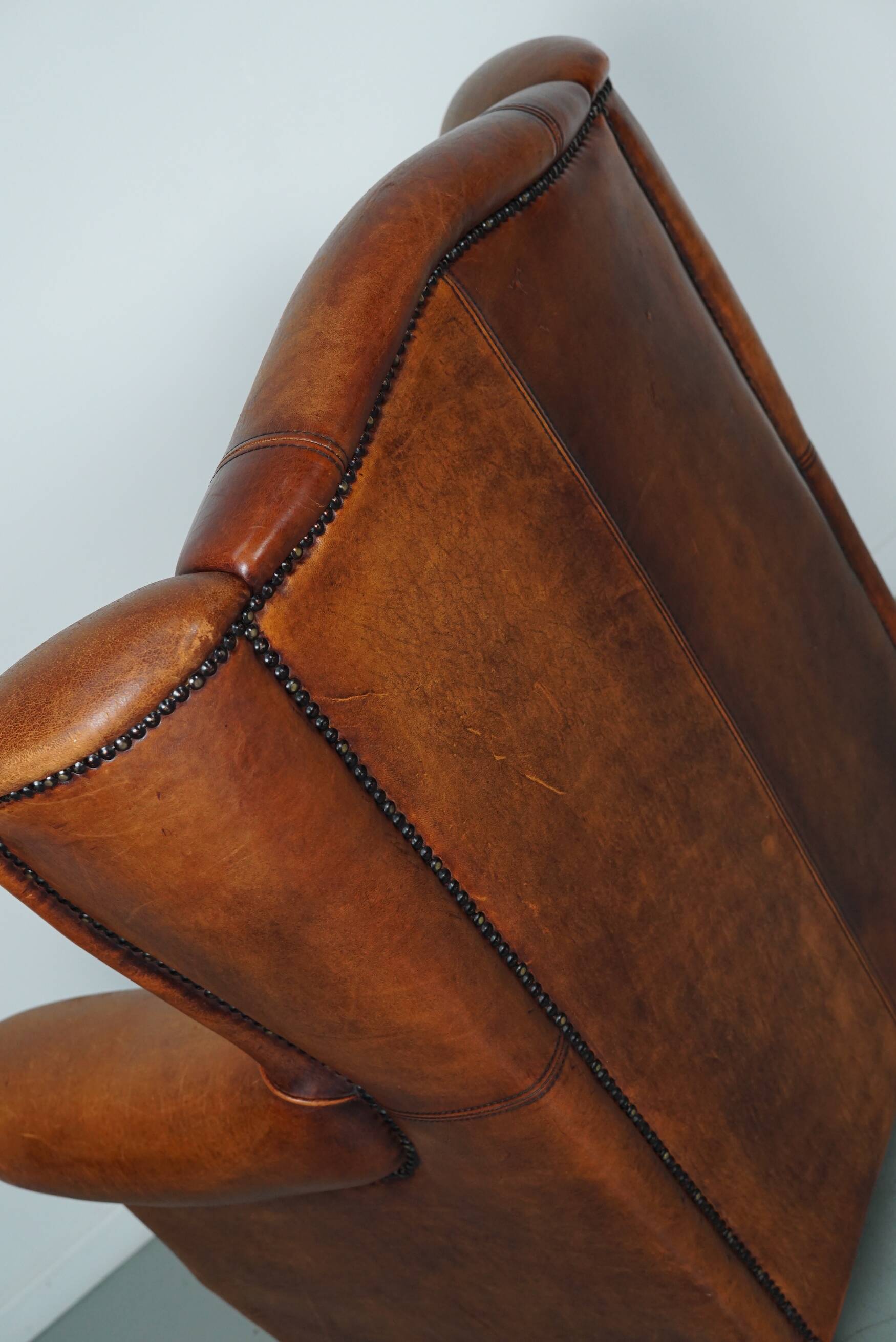 Fauteuil club vintage en cuir couleur cognac hollandais