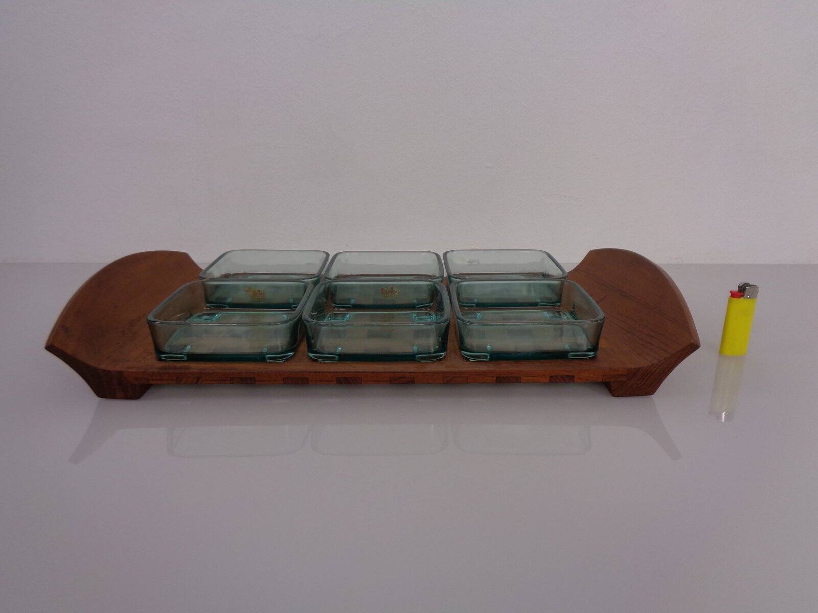 Teak tray with glass bowls by Jens Quistgaard for IHQ Dansk Designs, 1960s, set of 7.