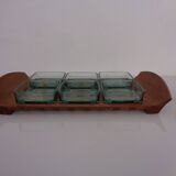Teak tray with glass bowls by Jens Quistgaard for IHQ Dansk Designs, 1960s, set of 7.