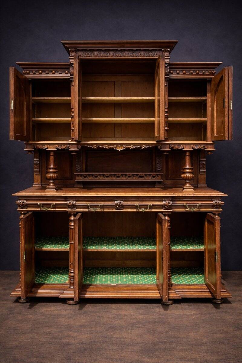 Buffet with eight Renaissance doors in solid walnut.