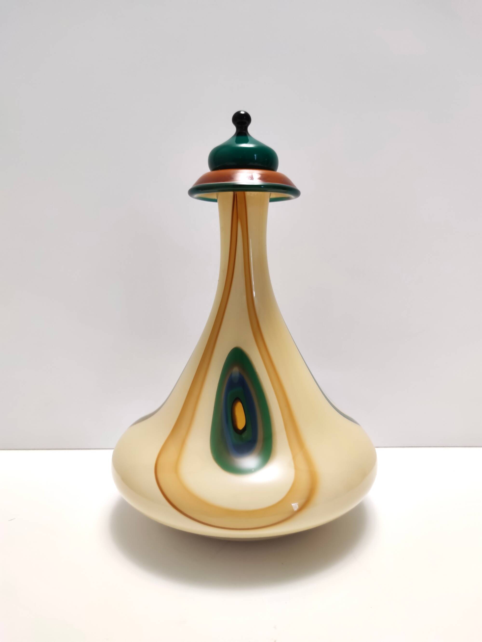 Beige Encased and Hand-blown Glass Decanter Bottle, Italy