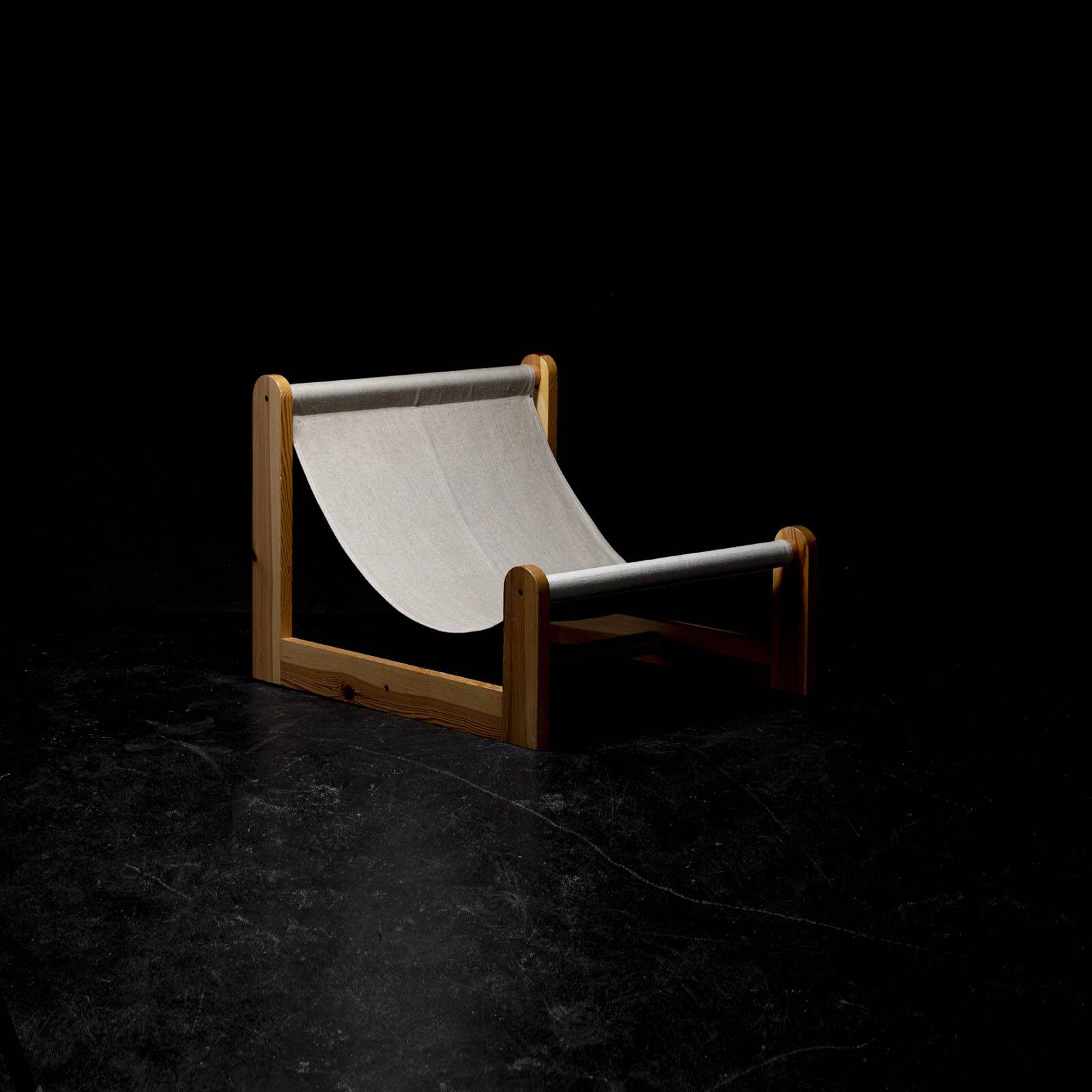 Sling chair in pine, canvas and sheepskin, 1970s
